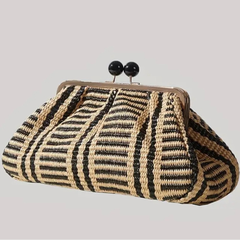 Elegant Black & Golden Striped Women'S Evening Clutch with Beaded Detail